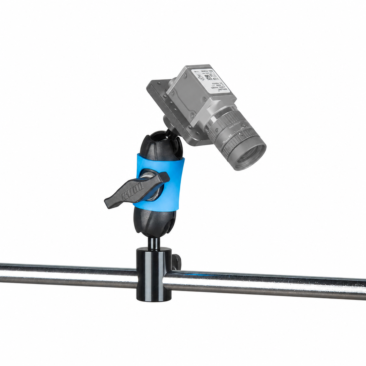 KR-VR16-SK08-Q20M - VisionReach 16 Super Knuckle 8 cm (3 in) Mount, mounted with illustrative gray camera