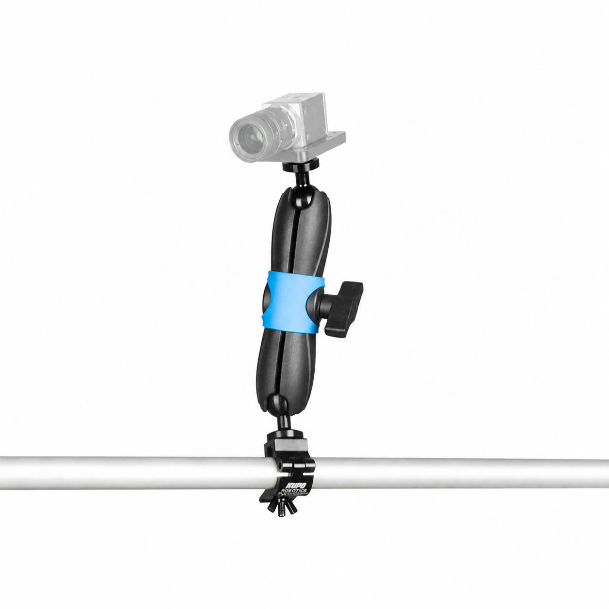 KR-VR22-SK15-Q20M - VisionReach 22 Super Knuckle 15 cm (6 in) Mount, mounted with illustrative gray camera